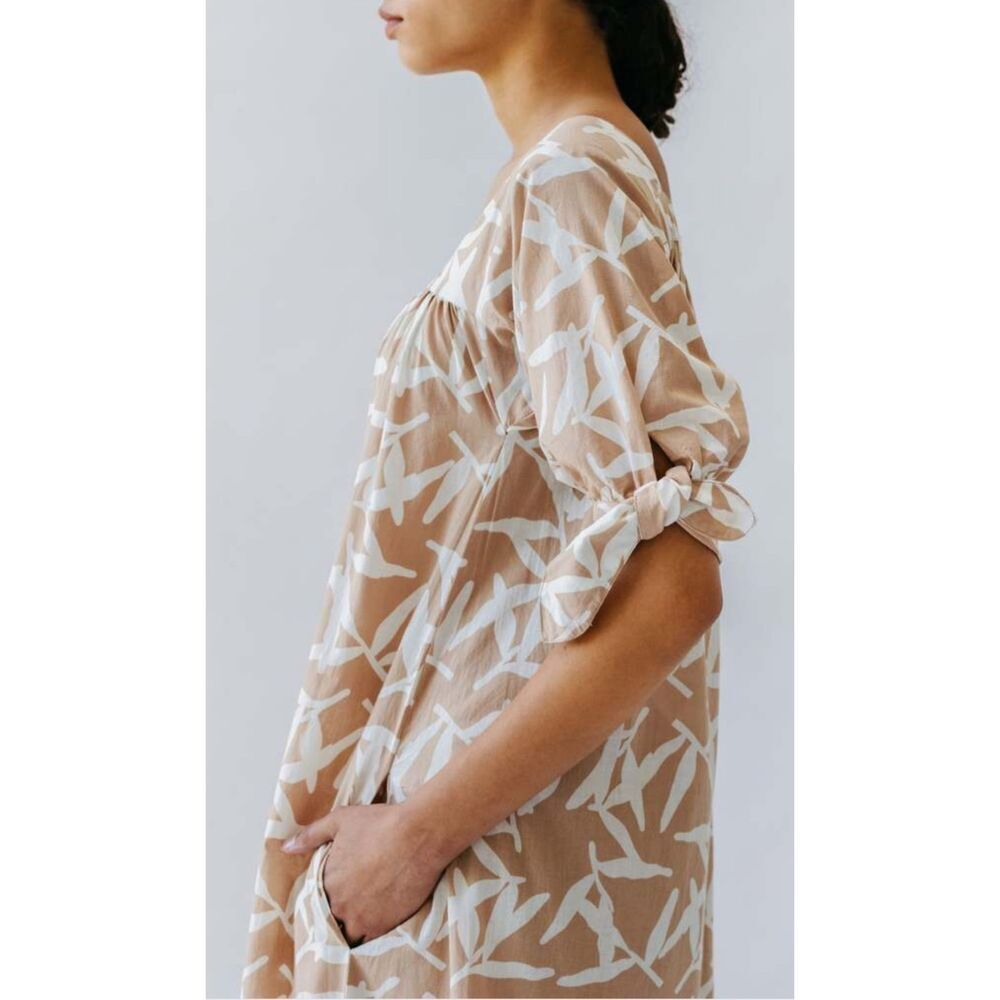 Beige Floral Midi Dress with Tie Sleeves - Picture 2 of 10
